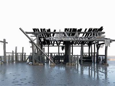 Dilapidated Wooden House With Weathered Frame And Waterfront Platform Structure 3d model