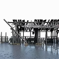 Dilapidated Wooden House With Weathered Frame And Waterfront Platform Structure