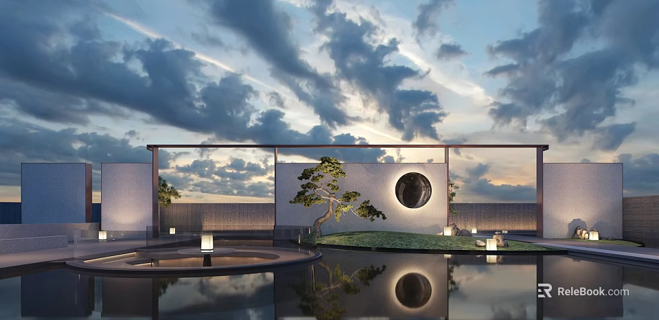 Oriental Garden Landscape Design With Moon Gate Pine Tree Pond And Lantern Reflections 3d model 