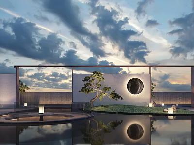 Oriental Garden Landscape Design With Moon Gate Pine Tree Pond And Lantern Reflections 3d model