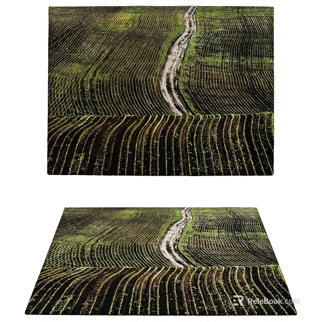 Green Black Square Rug Featuring Farmland Texture and Central Path Design 3d model
