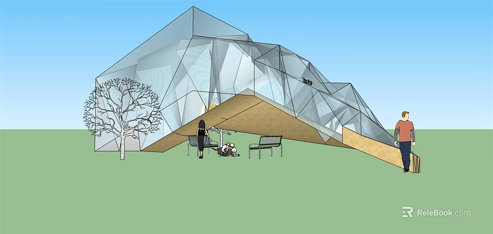 Modern Geometric Glass Station Exterior With Grass Area Benches and People 3d model 
