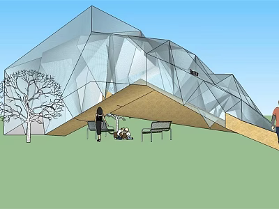 Modern Geometric Glass Station Exterior With Grass Area Benches and People 3d model