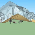 Modern Geometric Glass Station Exterior With Grass Area Benches and People