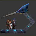 Game Movie Characters Standing On Circular Platform With Blue Silver Mechanical Device Green Energy Core