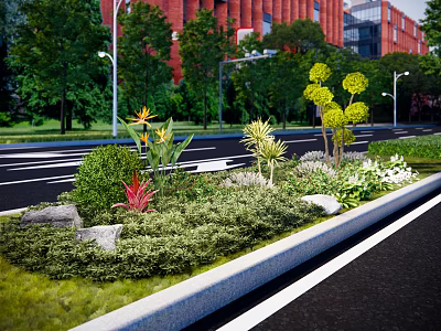 Colorful Roadside Flower Bed Featuring Various Flowers Plants Trees And Red Brick Buildings 3d model
