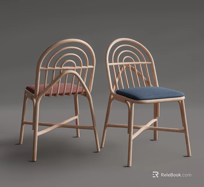 Modern Dining Chairs With Wooden Frame Curved Backrest And Red Blue Cushions 3d model 
