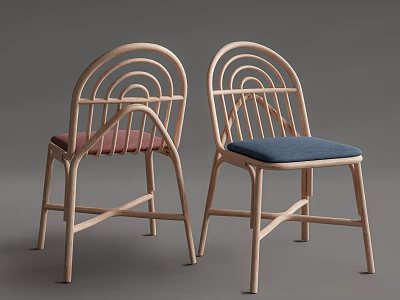 Modern Dining Chairs With Wooden Frame Curved Backrest And Red Blue Cushions 3d model