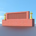 Traditional Red Brick Storefront Featuring Grille Panel And Golden Lamp Posts 3d model