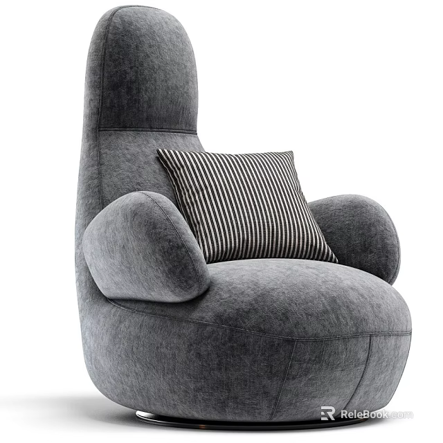 Comfortable Gray Single Sofa with Armrests and Black White Striped Pillow 3d model