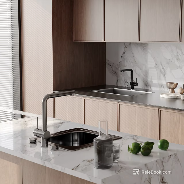 Modern Kitchen Sink With Faucet On Marble Countertop And Wooden Cabinets 3d model 