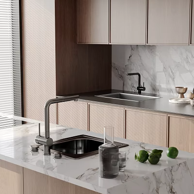 Modern Kitchen Sink With Faucet On Marble Countertop And Wooden Cabinets 3d model