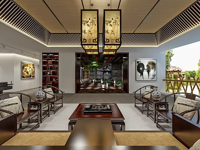 Traditional Chinese Tea House Interior With Wooden Furniture Hanging Lanterns Paintings And Tea Sets 3d model
