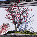 Red Blossom Arbor With White Wall Black Carved Windows Circular Fan Decoration And Pebble Ground