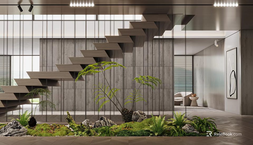 Modern Interior With Wooden Wall Staircase Green Plants Stones And Glass Partition 3d model 