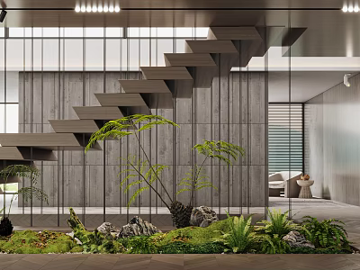 Modern Interior With Wooden Wall Staircase Green Plants Stones And Glass Partition 3d model