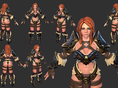Red Haired Warrior Character Creature 3D Model Featuring Armor Details from Multiple Angles 3d model