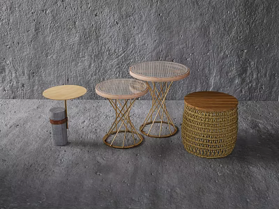 Stylish Round Coffee Tables With Wicker Bases Wooden Tops And Metal Frames 3d model