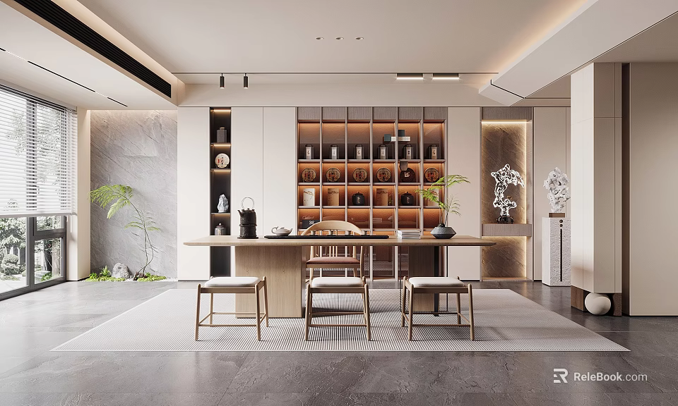 Modern Tea Room Interior Design With Wooden Furniture Teaware Display And Potted Greenery 3d model 