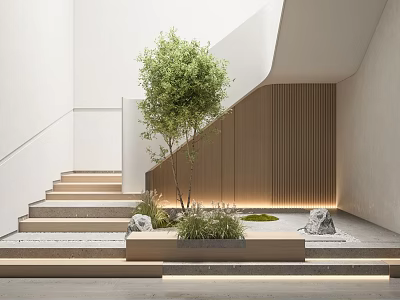 Modern Interior Design With Staircase Stone Steps Olive Tree Wooden Panel And Lighting 3d model