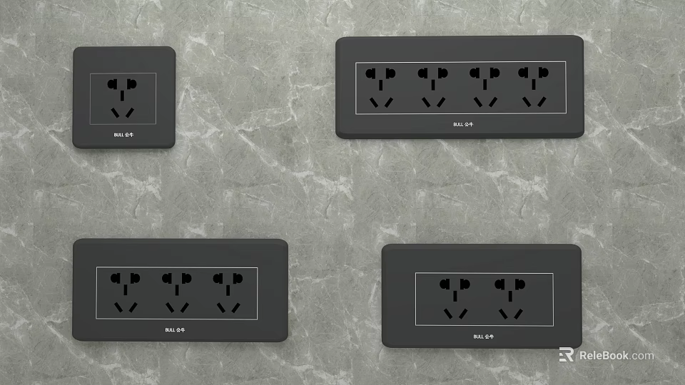 Modern Black Switch Panels with Multiple Sockets on Grey Textured Wall Surface 3d model 