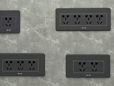 Modern Black Switch Panels with Multiple Sockets on Grey Textured Wall Surface 3d model