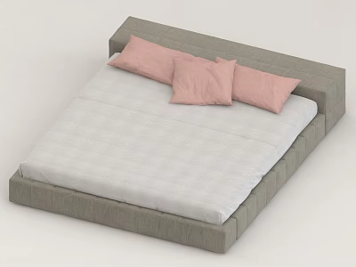 Modern Double Bed With Gray Frame White Mattress And Three Pink Pillows 3d model