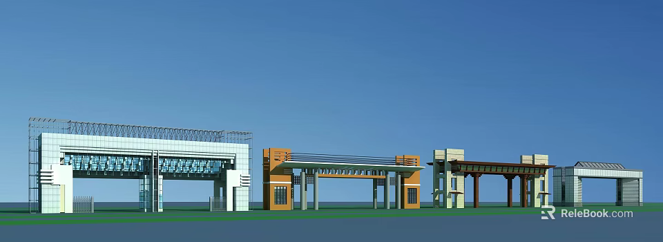 Contemporary Architectural Entrance Gate With Orange White Facade And Glass Canopy 3d model 