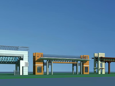 Contemporary Architectural Entrance Gate With Orange White Facade And Glass Canopy 3d model