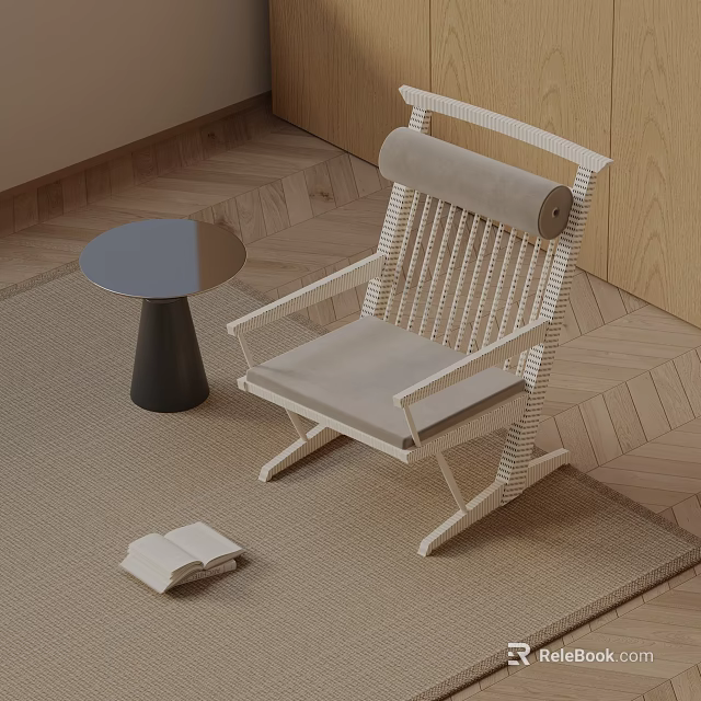 Stylish Rattan Leisure Chair With Round Table Soft Rug Open Book And Herringbone Wood Floor 3d model 