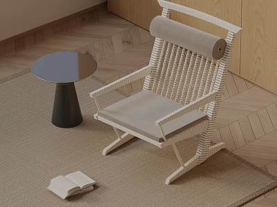 Stylish Rattan Leisure Chair With Round Table Soft Rug Open Book And Herringbone Wood Floor 3d model