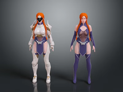 Two Female Characters With Orange Hair In White And Purple Armor And Bodysuit Design 3d model