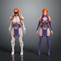 Two Female Characters With Orange Hair In White And Purple Armor And Bodysuit Design