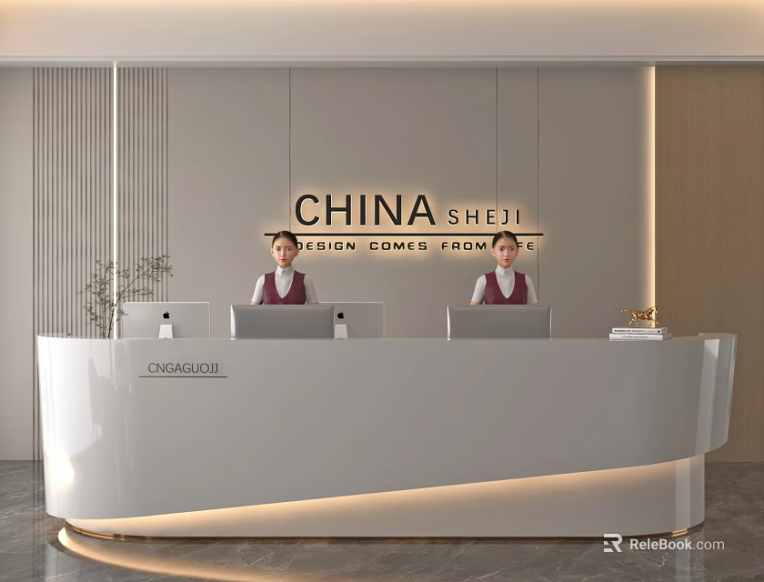 Modern Reception Desk Interior With Staff Laptops And China Sheji Design Sign 3d model 