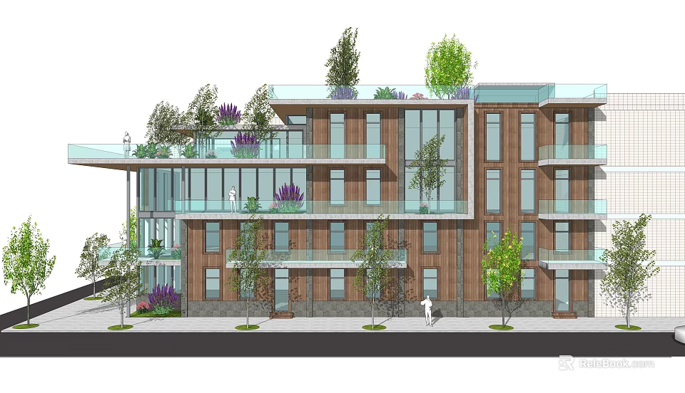 Modern Multi Story Building Exterior With Greenery Balconies And Glass Windows 3d model 