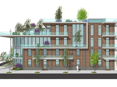 Modern Multi Story Building Exterior With Greenery Balconies And Glass Windows 3d model