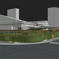 Modern Cultural Center Building with Water Pool and Green Lawn Landscape