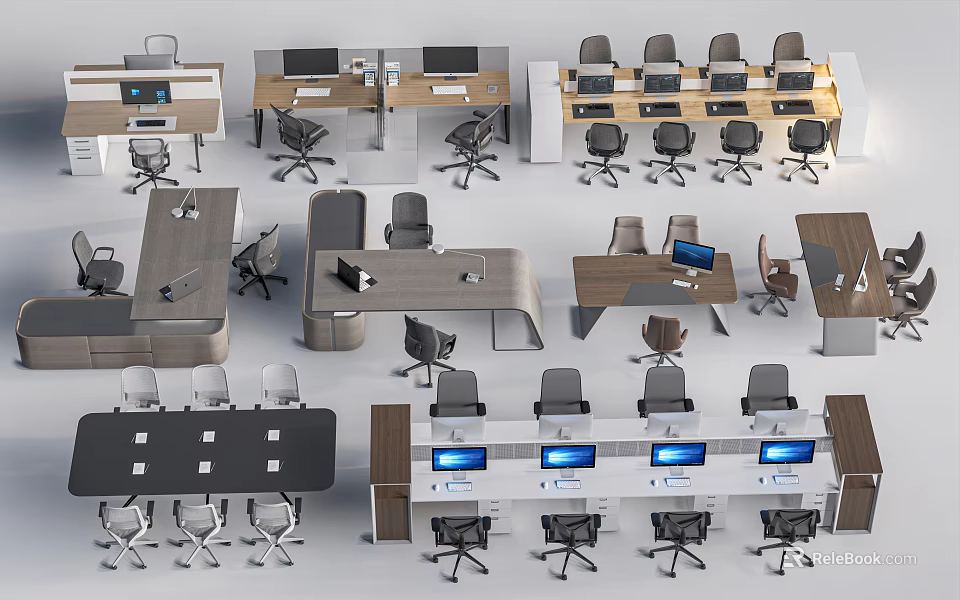 Various Modern Office Desks With Ergonomic Chairs And Workstation Configurations 3d model