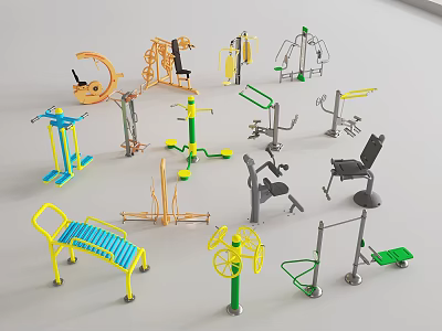 Public Outdoor Fitness Equipment With Various Exercise Machines And Colorful Designs 3d model