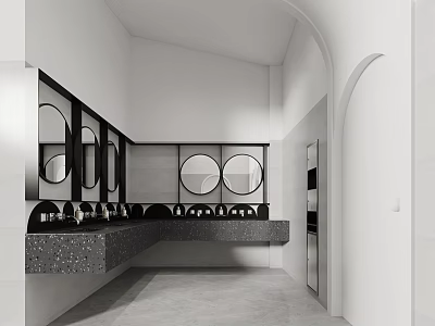 Modern Public Restroom With Sinks And Round Mirrors 3d model