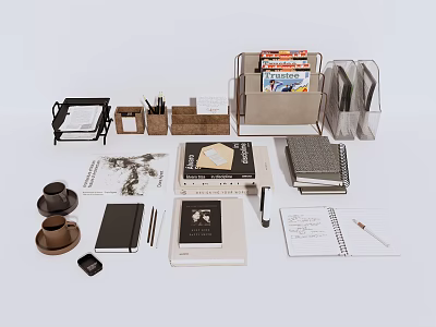 Organized Office Desk Supplies With File Holder Notebooks Pens And Storage Boxes 3d model