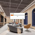 Modern Leisure Area Interior With Gray Sofas Orange Chair Blue Built In Seats And Bookshelves