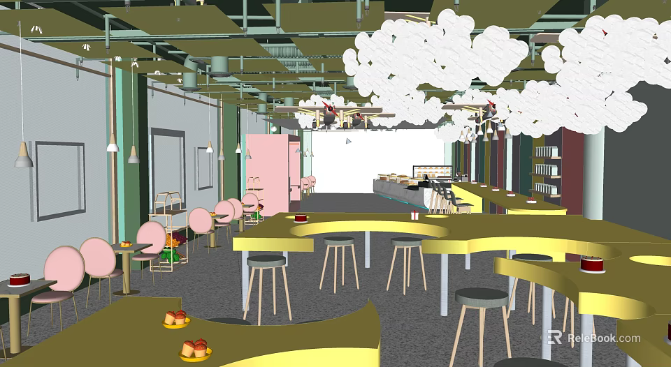 Sweet Shop Interior With Yellow Tables Pink Chairs Cloud Decorations And Dessert Counter 3d model 