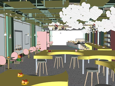 Sweet Shop Interior With Yellow Tables Pink Chairs Cloud Decorations And Dessert Counter 3d model