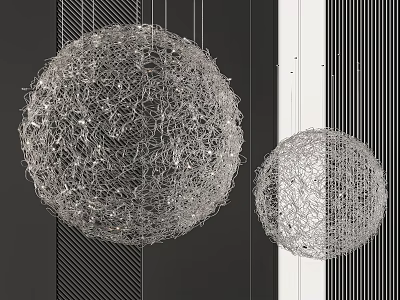Two Modern Spherical Wire Woven Chandeliers Hanging In Room With Striped Background 3d model