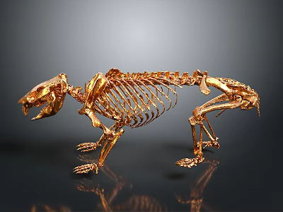 Golden Animal Skeleton in Standing Pose on Dark Background with Reflection 3d model