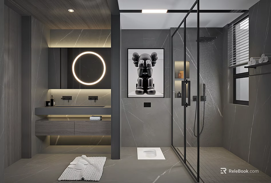 Sleek Modern Dark Grey Bathroom Interior With LED Vanity And Black Framed Glass Shower Enclosure 3d model 