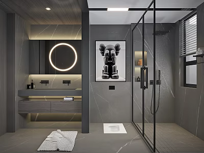 Sleek Modern Dark Grey Bathroom Interior With LED Vanity And Black Framed Glass Shower Enclosure 3d model