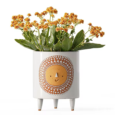 Potted Plant with White Pot Sun Face Design Orange Flowers Green Leaves on Small Legs 3d model