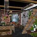 Café Interior With Wooden Bar Counter Bar Stools Hanging Lights Bottle Shelves And Green View